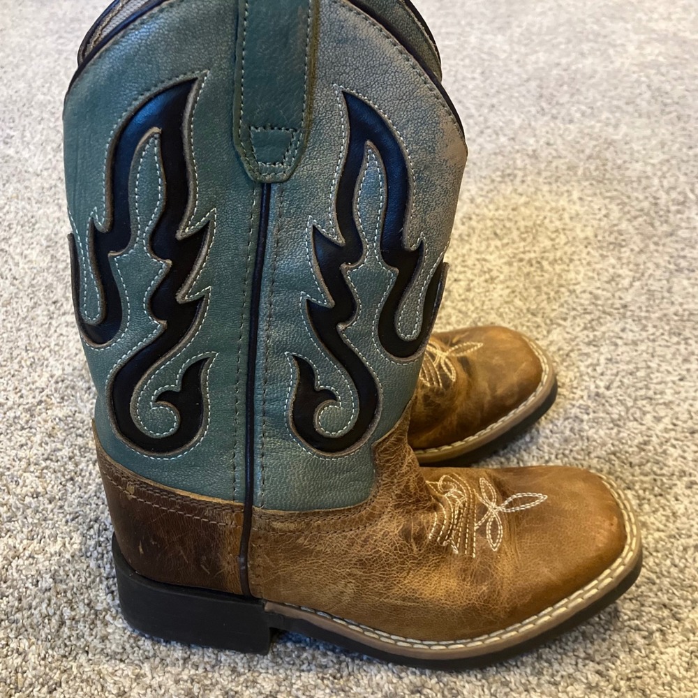 Cowboy Legend Kids 11 Brown Teal Leather Western Flame Square Toe Boots Rodeo